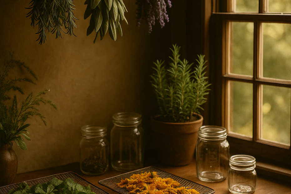 Sunlit rustic kitchen corner with bundles of rosemary, sage, and lavender drying from twine, fresh herbs on racks, and glass jars ready for storage.