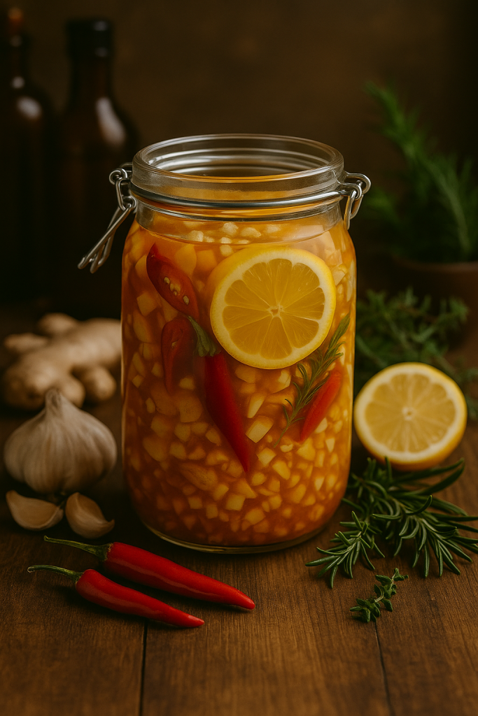 Jar of homemade fire cider on a rustic wooden table with lemon, chili peppers, garlic, ginger, rosemary, and thyme.