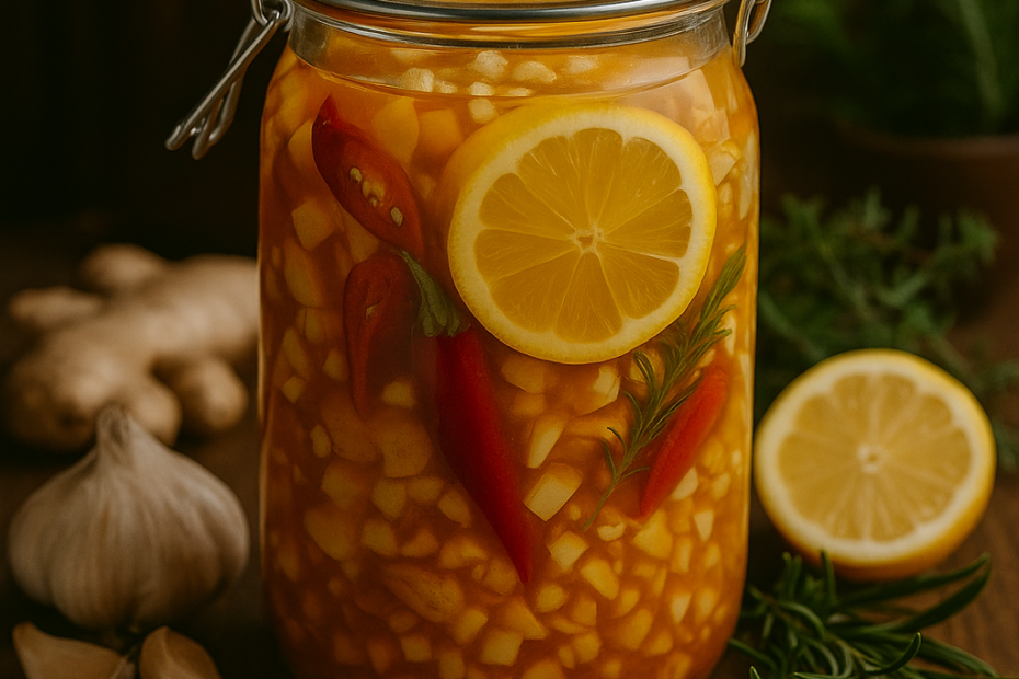 Jar of homemade fire cider on a rustic wooden table with lemon slices, chili peppers, garlic, ginger, rosemary, and thyme.