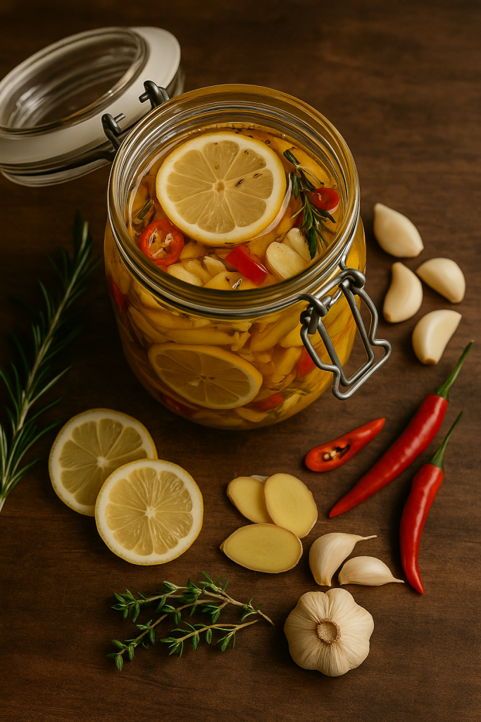 Glass jar of golden fire cider with fresh lemon, ginger, garlic, chili peppers, and herbs on a rustic kitchen counter.