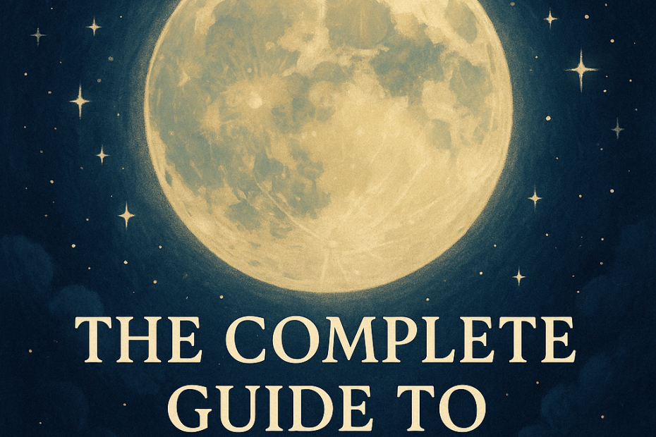 Illustrated glowing full moon on a starry background with text ‘The Complete Guide to Full Moons’ – witchy aesthetic