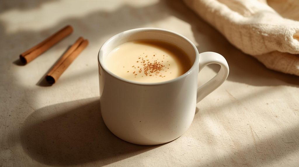 Golden milk latte with cinnamon and turmeric in a ceramic mug.