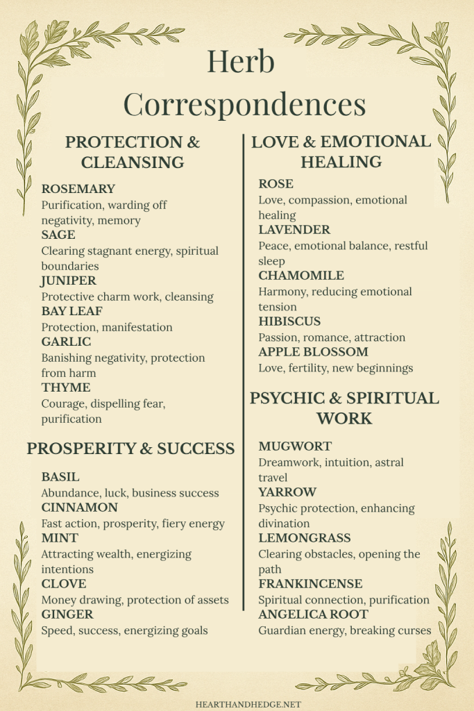 herb correspondences chart with magical uses for protection, love, and prosperity