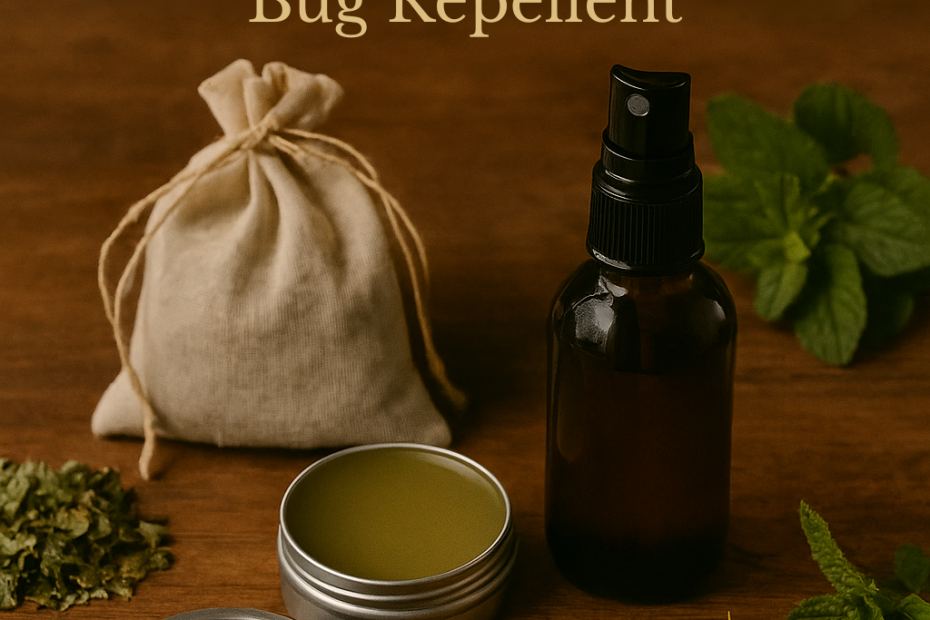 Herbal remedies for bug bites displayed on a rustic wooden table, including a muslin bag of dried herbs, a tin of herbal salve, loose chamomile flowers, mint leaves, and an amber spray bottle of natural bug repellent.