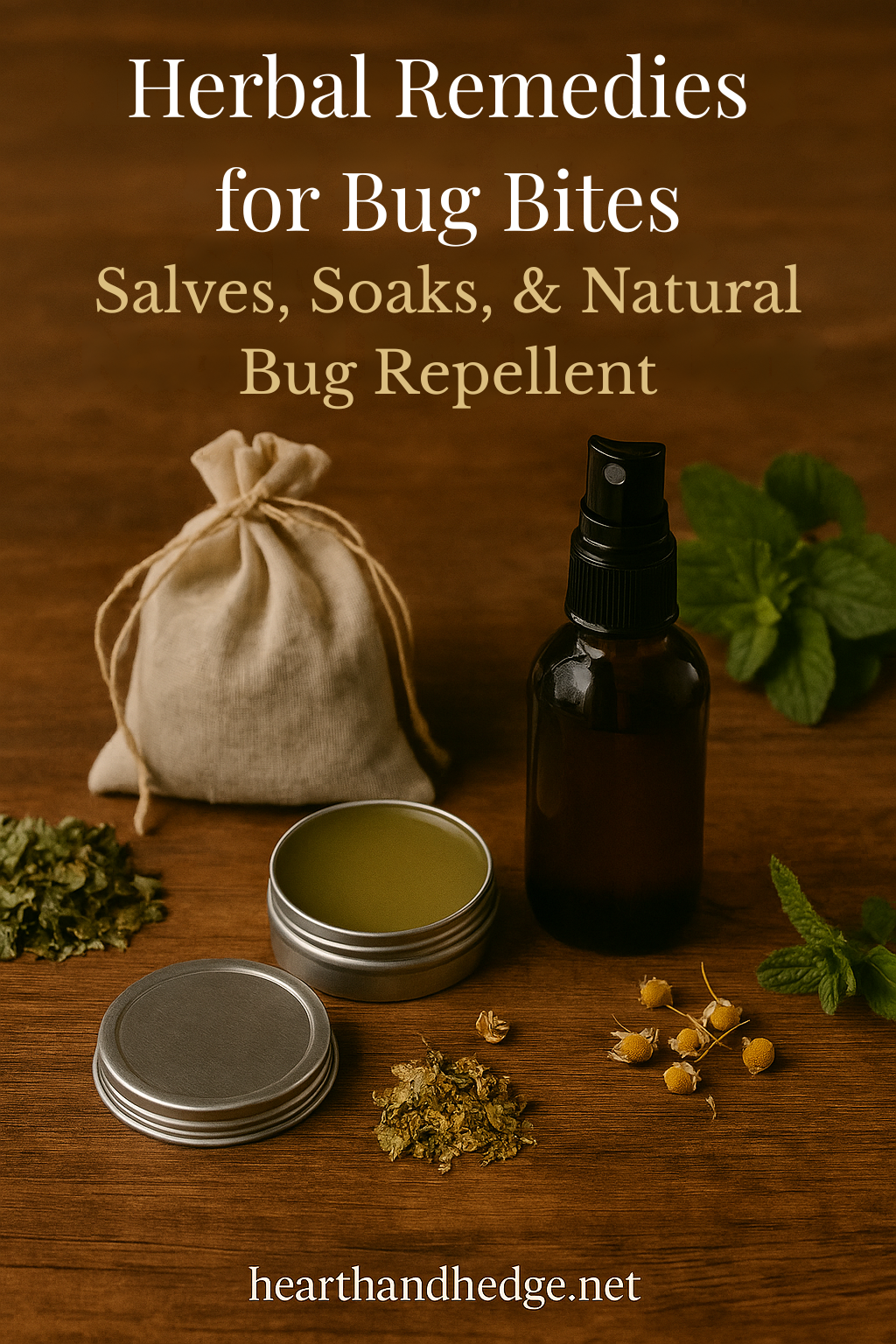 Herbal remedies for bug bites displayed on a rustic wooden table, including a muslin bag of dried herbs, a tin of herbal salve, loose chamomile flowers, mint leaves, and an amber spray bottle of natural bug repellent.