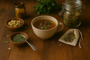 Natural Medicine Essentials: Quick-Start Guide to Herbalism for Beginners 4 Herbal tea steeping in a glass mug with dried chamomile and lemon balm.