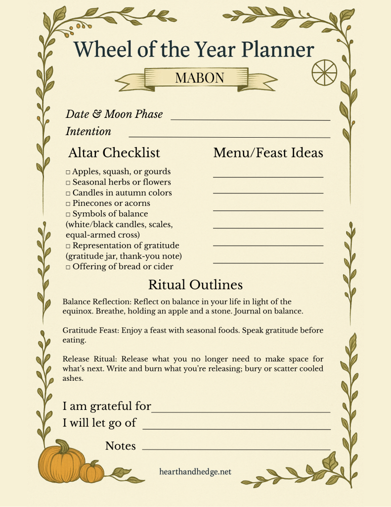 Mabon Preparations: Easy Crafts & Rituals for the Autumn Equinox 15 Wheel of the Year Planner page for Mabon with an altar checklist, ritual outlines, and journal prompts.