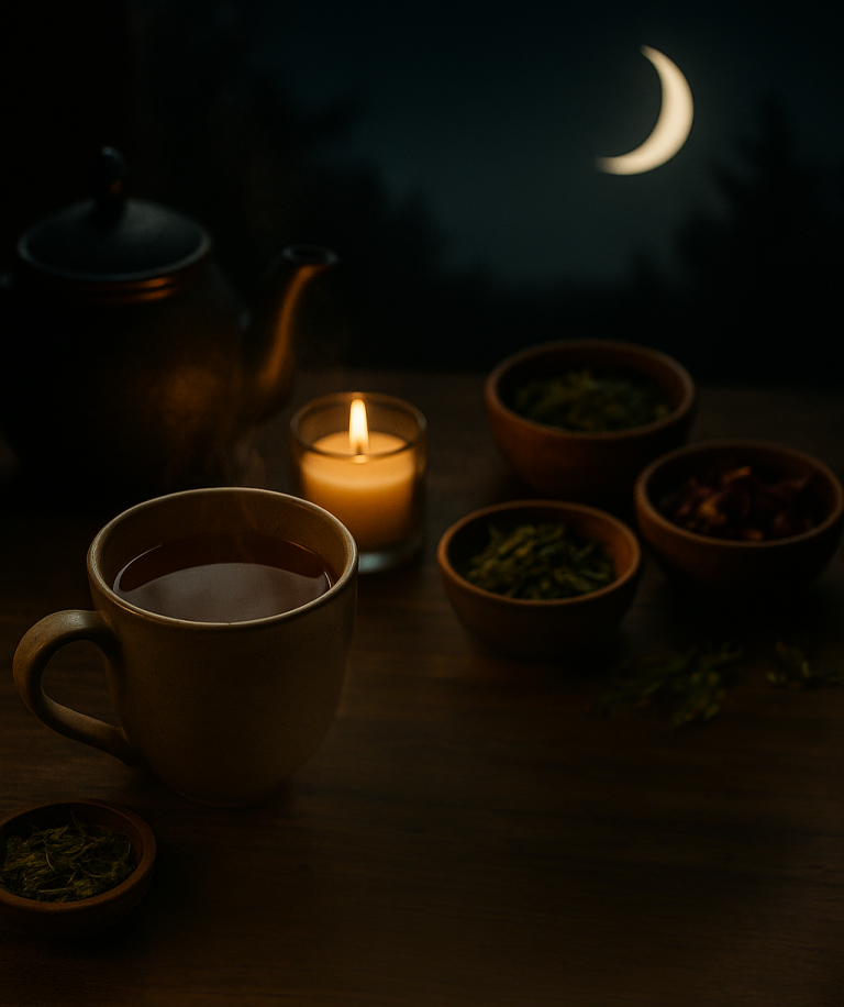A nighttime tea ritual scene with a steaming mug of herbal tea, bowls of dried herbs, and a candle under the glow of a crescent moon.