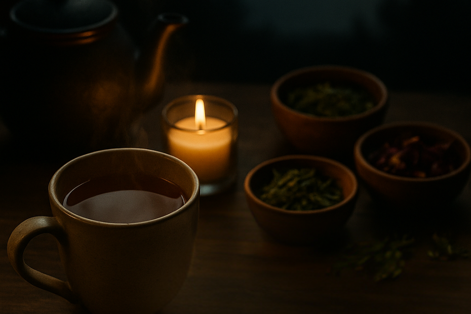 A nighttime tea ritual scene with a steaming mug of herbal tea, bowls of dried herbs, and a candle under the glow of a crescent moon.