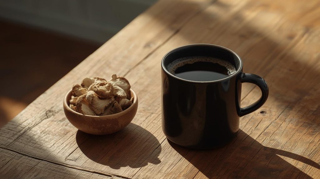 Lion’s mane mushroom pieces beside a mug of adaptogenic mushroom coffee.