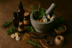 Rustic tabletop with fresh herbs, a mortar and pestle, and amber apothecary bottles arranged as a natural medicine workspace.