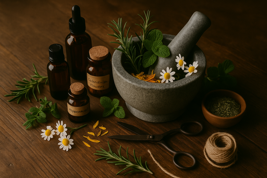 Rustic tabletop with fresh herbs, a mortar and pestle, and amber apothecary bottles arranged as a natural medicine workspace.