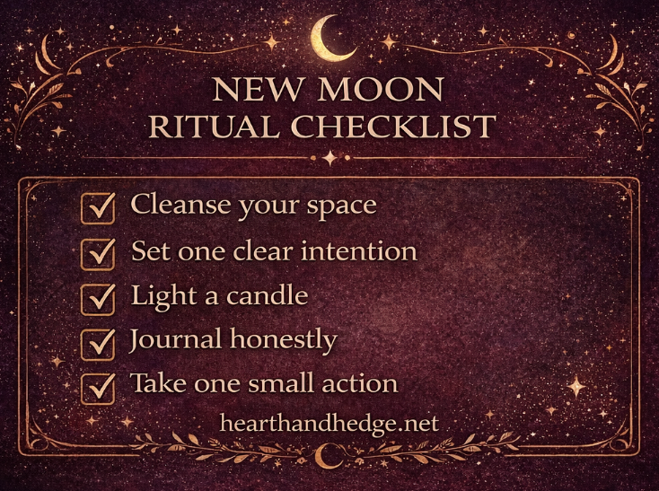 New moon ritual checklist including cleanse space, set intentions, light a candle, journal, and take aligned action.