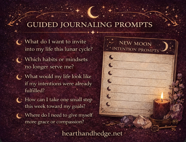 New moon journaling prompts for intention setting and fresh beginnings during the lunar cycle.