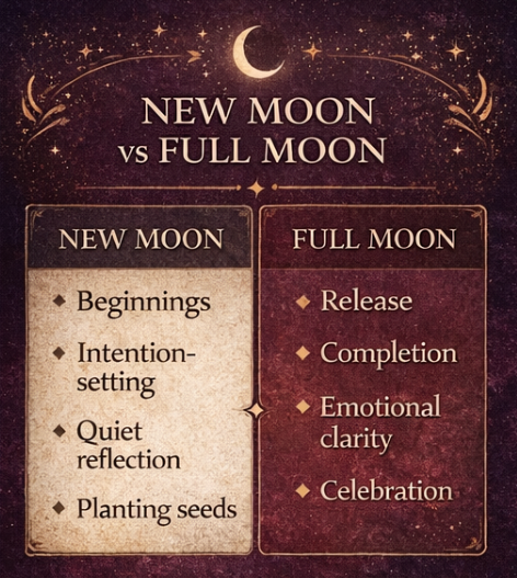 Comparison of new moon and full moon rituals showing intention setting versus release and celebration themes.