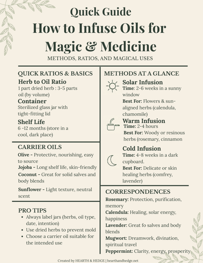 Herbal oil infusion cheat sheet showing methods (solar, warm, cold), herb-to-oil ratios, carrier oils, and magical correspondences.