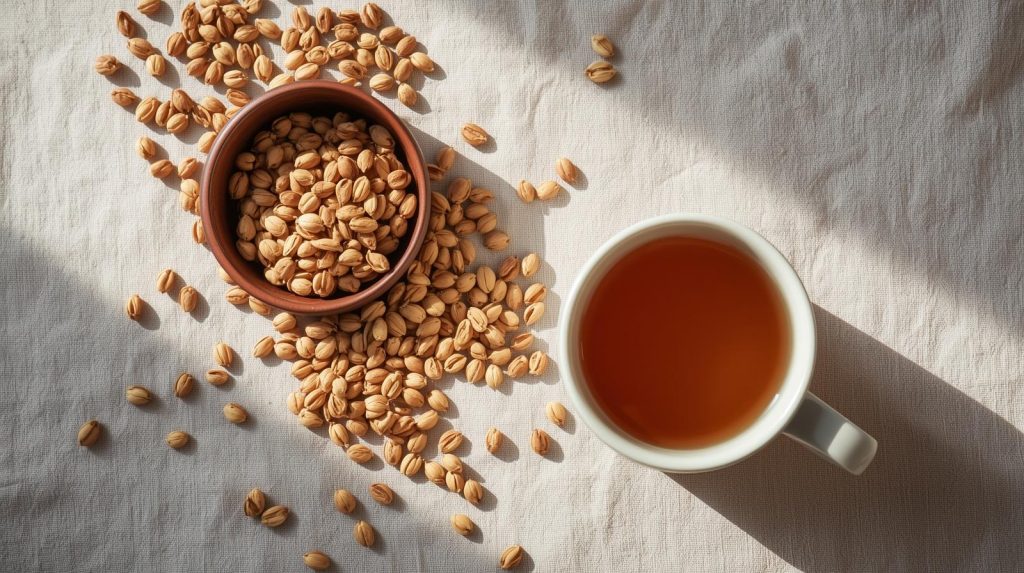 Roasted barley grains next to a mug of amber-colored caffeine-free barley tea.
