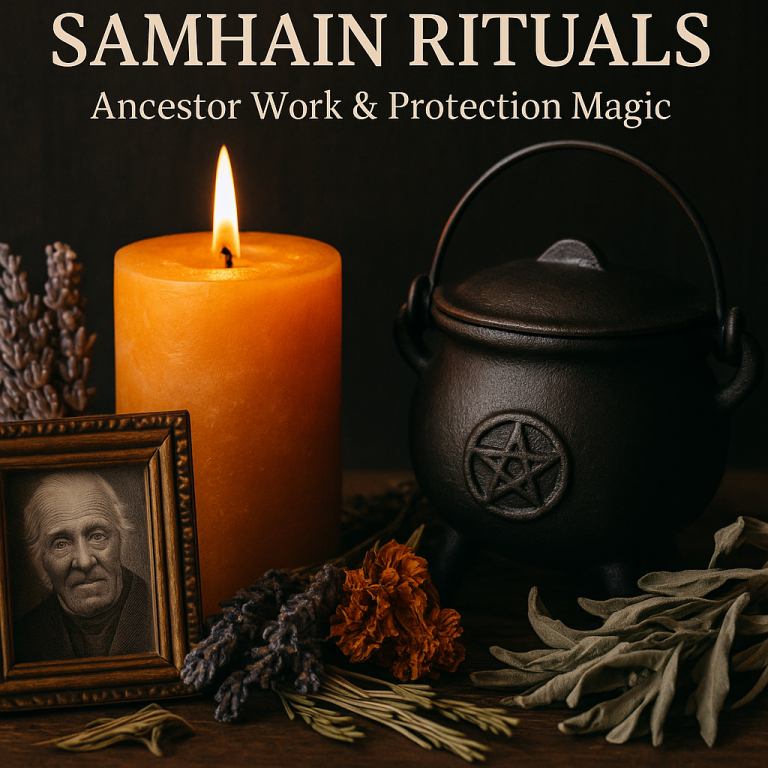 Samhain ritual altar with orange candle, black cauldron, dried herbs, and ancestor photo