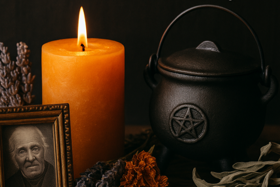 Samhain ritual altar with orange candle, black cauldron, dried herbs, and ancestor photo
