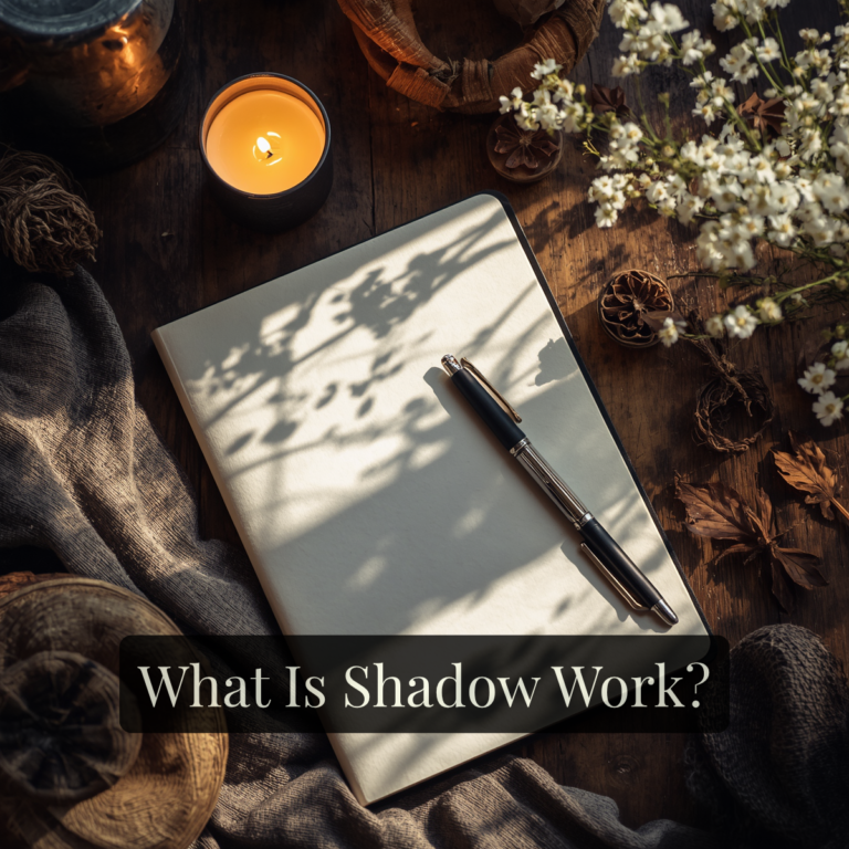 Shadow work journal with a pen, candle on a table