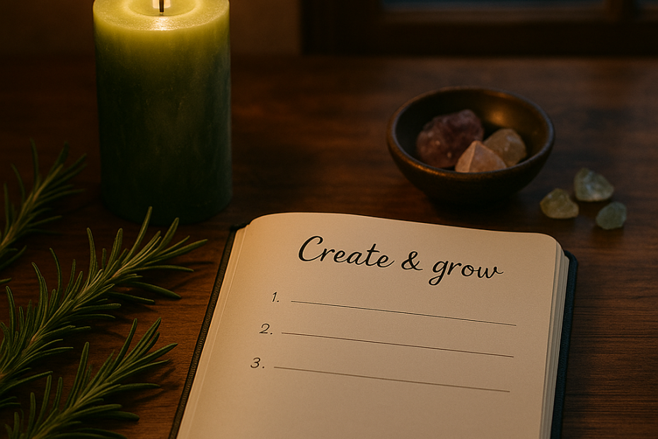 A waxing moon ritual setup with a green candle, an open journal titled "Create & grow," rosemary sprigs, and a bowl of crystals on a wooden table under a crescent moon.