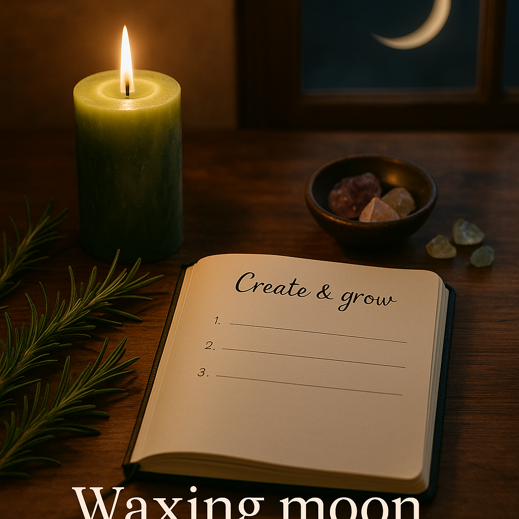 A waxing moon ritual setup with a green candle, an open journal titled "Create & grow," rosemary sprigs, and a bowl of crystals on a wooden table under a crescent moon.