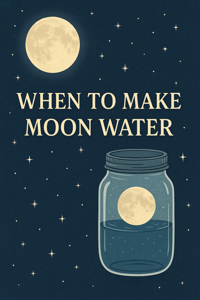 Jar of moon water glowing under a full moon and the words "When to Make Moon Water" – witchy aesthetic illustration