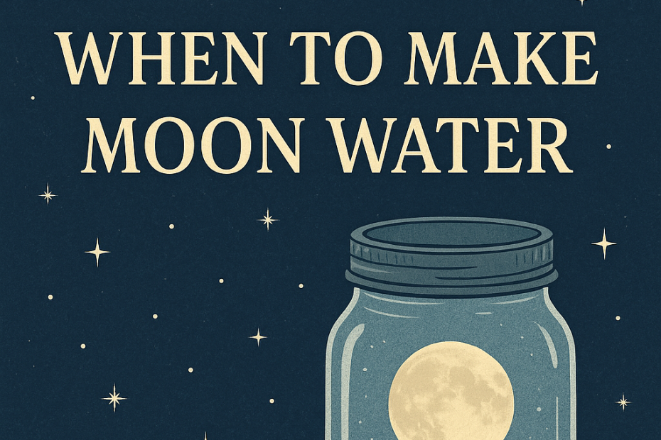 Jar of moon water glowing under a full moon and the words "When to Make Moon Water" – witchy aesthetic illustration