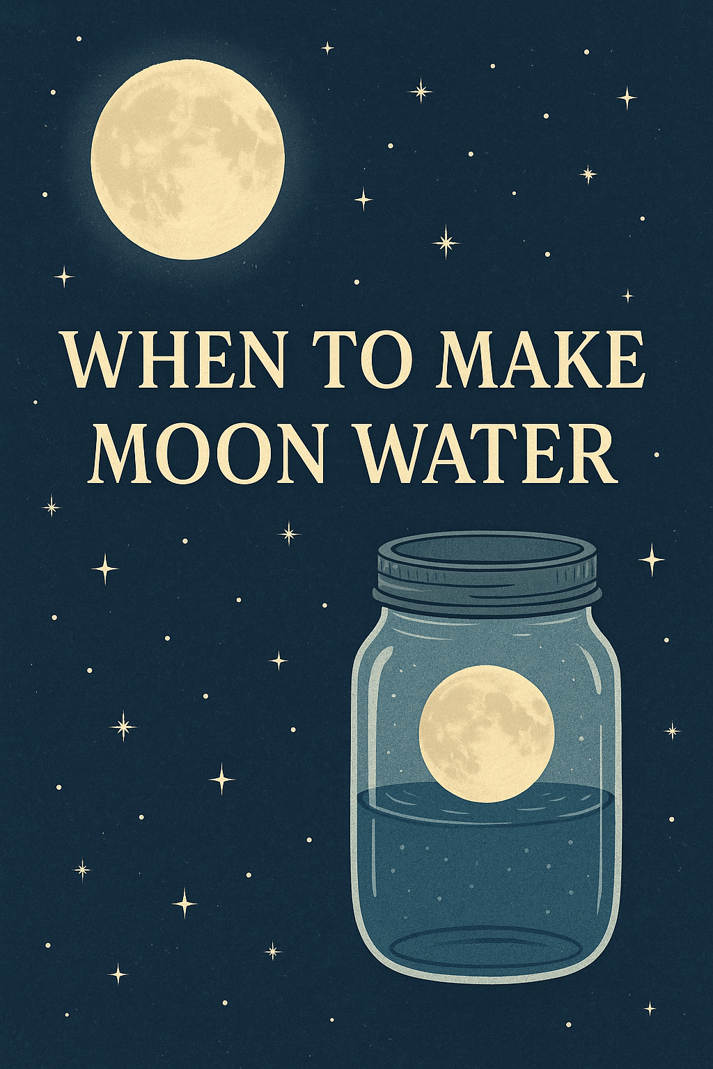 Jar of moon water glowing under a full moon and the words "When to Make Moon Water" – witchy aesthetic illustration