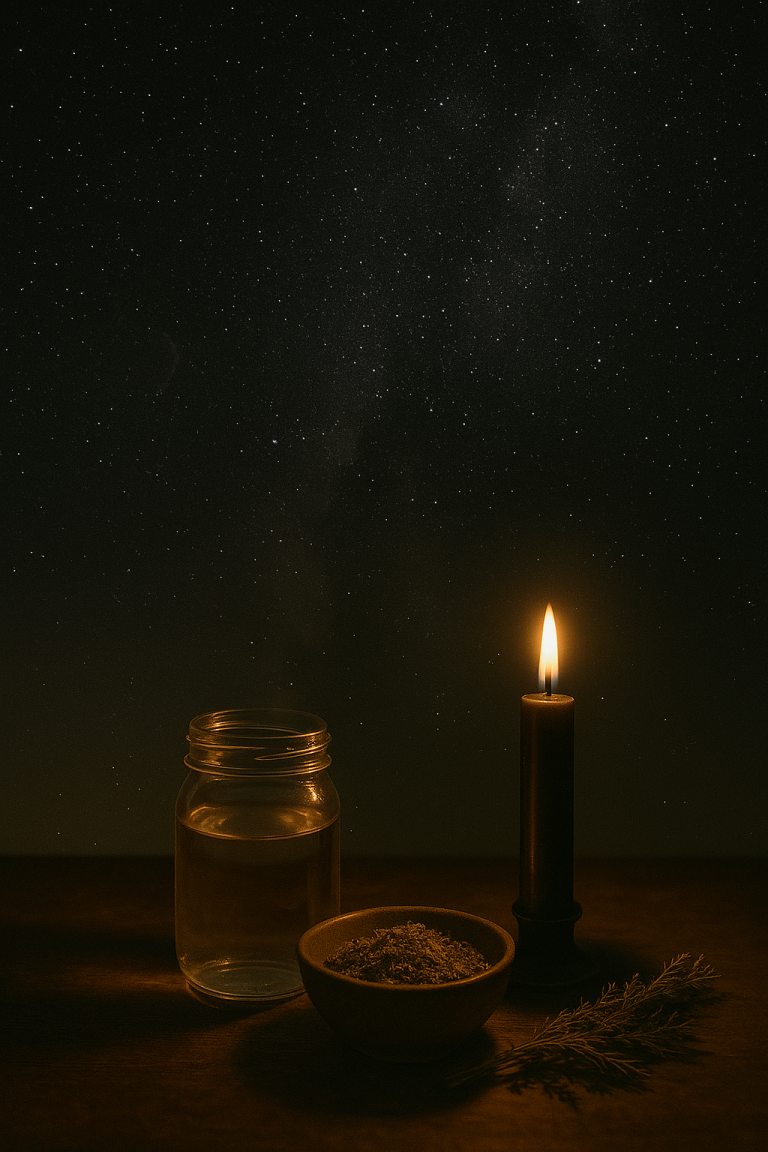 Black Moon ritual still life with jar of water, black candle, and herbs against a dark night sky