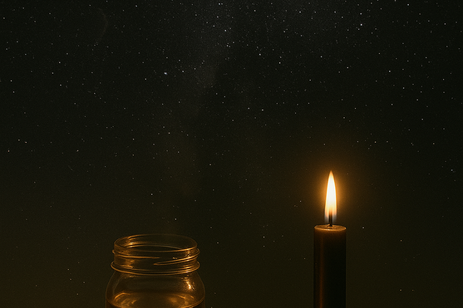 Black Moon ritual still life with jar of water, black candle, and herbs against a dark night sky