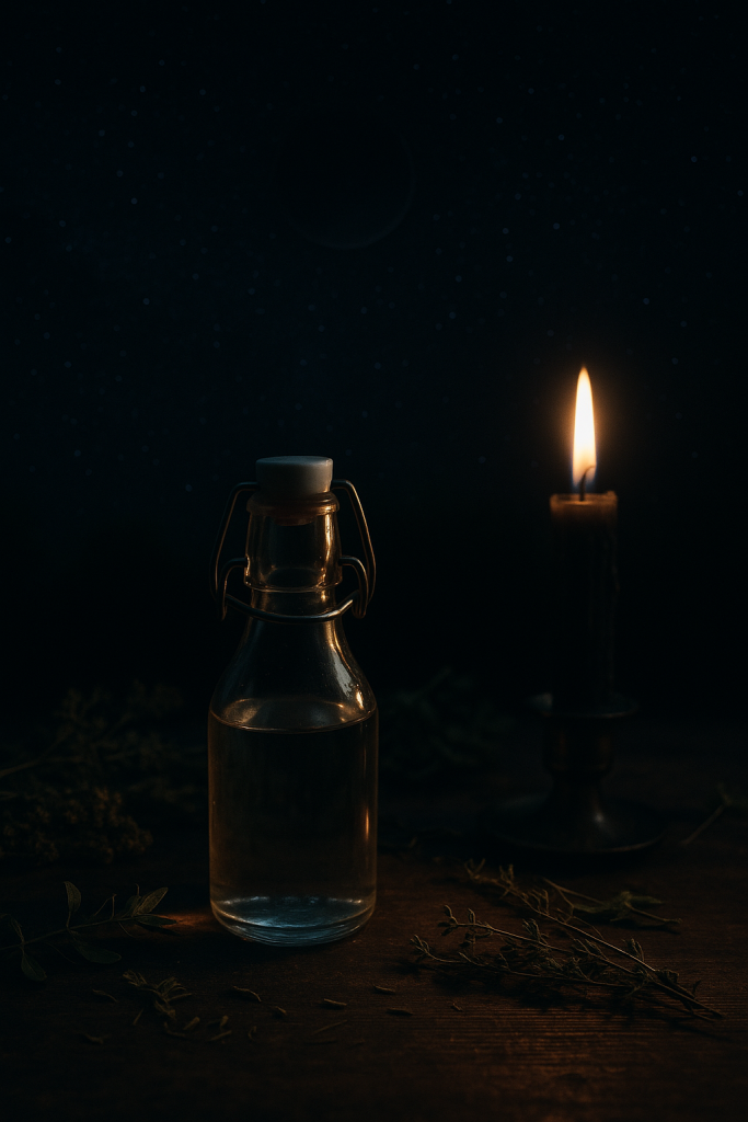 Swing-top bottle filled with Black Moon water, placed with herbs for ritual use.