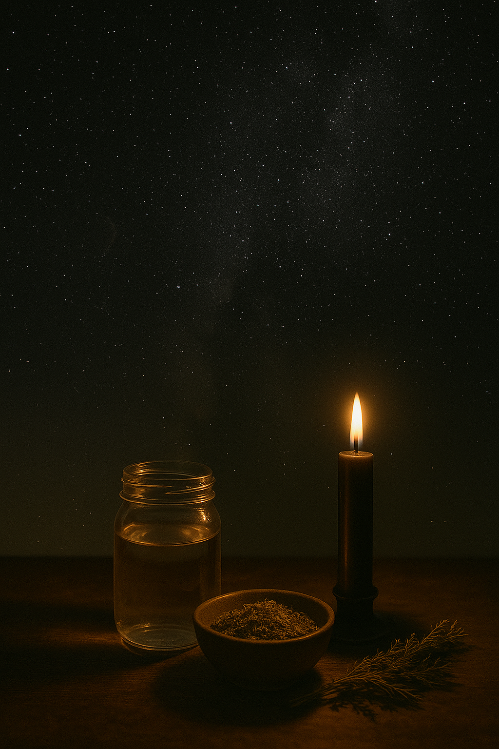 Black Moon ritual still life with jar of water, black candle, and herbs against a dark night sky