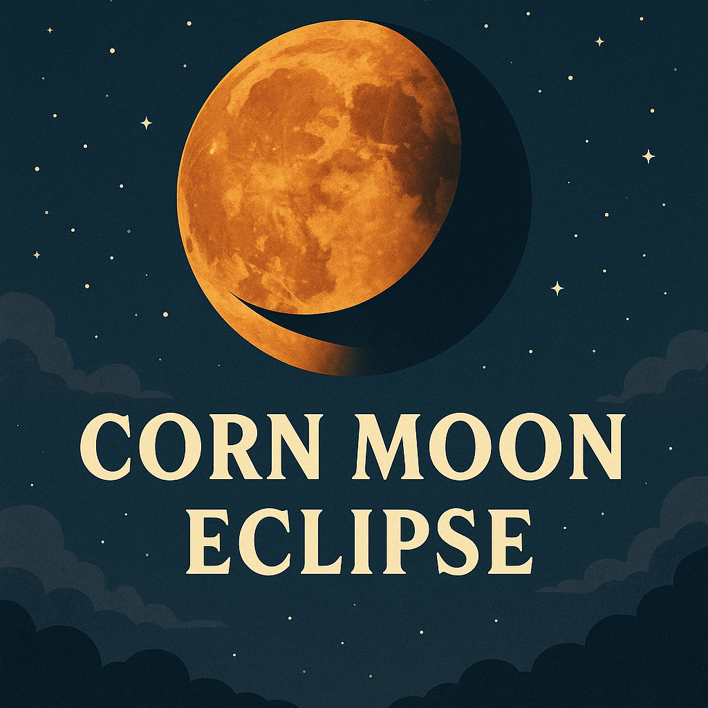 Digital illustration of the Corn Moon 2025 during a lunar eclipse, symbolizing harvest season and celestial magic.