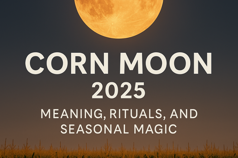 Golden Corn Moon rising over a cornfield at twilight with title text Corn Moon 2025: Meaning, Rituals, and Seasonal Magic