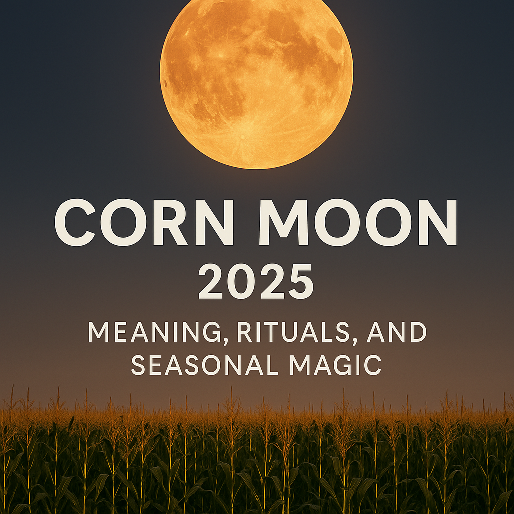 Golden Corn Moon rising over a cornfield at twilight with title text Corn Moon 2025: Meaning, Rituals, and Seasonal Magic