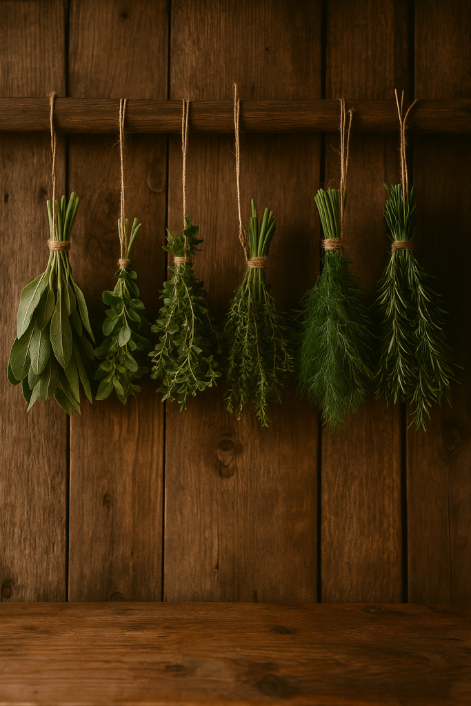 Natural Medicine Essentials: Quick-Start Guide to Herbalism for Beginners 2 Freshly harvested herbs tied in bundles and hung upside down to dry in a rustic kitchen window.