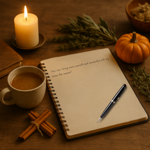 A fall rituals journal displayed on a wooden table with cinnamon, rosemary, and a small pumpkin.