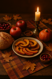 Mabon Preparations: Easy Crafts & Rituals for the Autumn Equinox 11 A rustic autumn table set with apples, squash, bread, and candles.