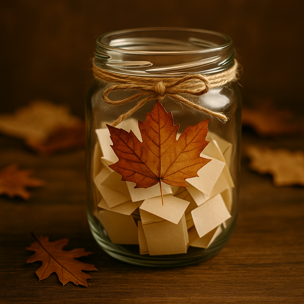 Mabon Preparations: Easy Crafts & Rituals for the Autumn Equinox 8 Glass jar decorated with autumn leaves and filled with slips of paper.