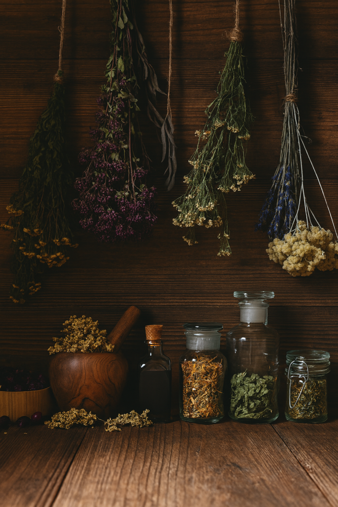Bundles of herbs hang above a counter, demonstarting how to dry herbs.