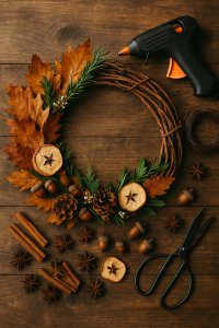 Mabon Preparations: Easy Crafts & Rituals for the Autumn Equinox 3 Grapevine wreath being decorated with autumn leaves and acorns.