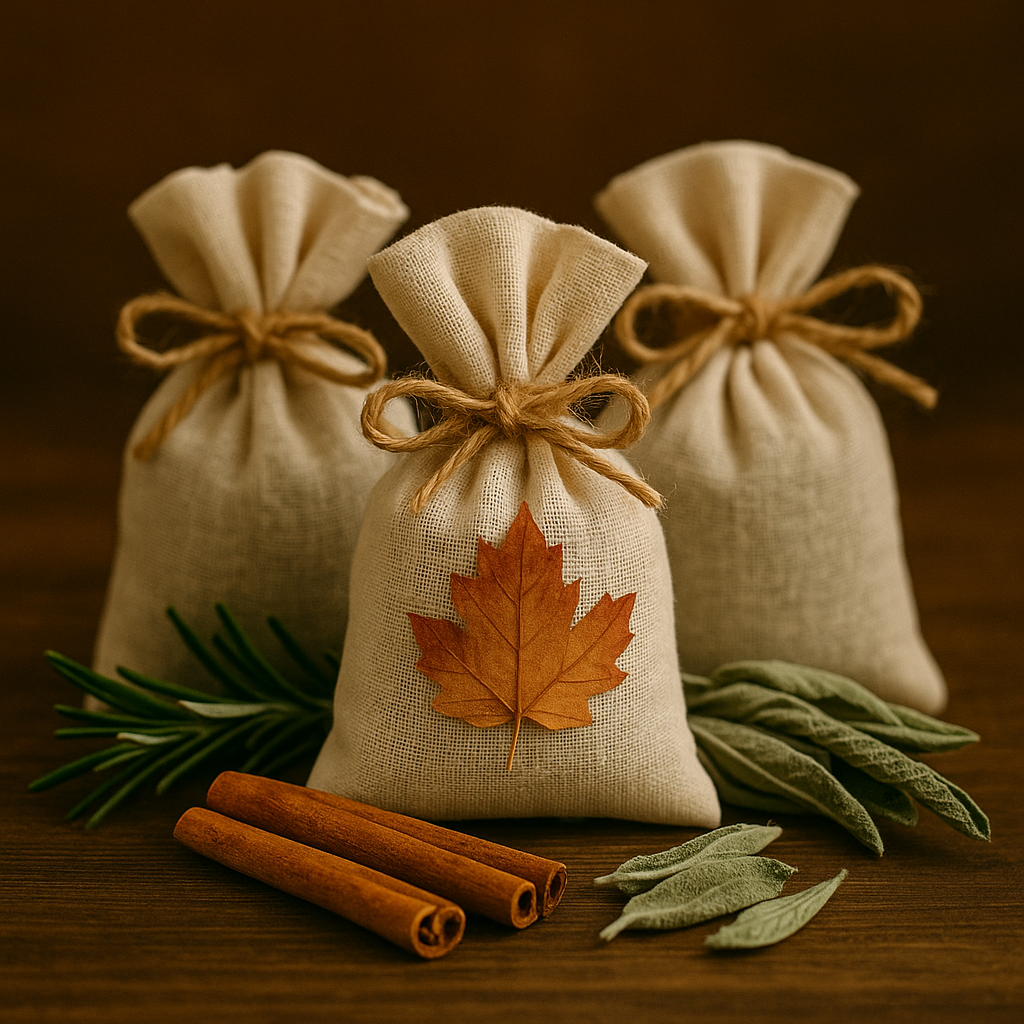 Mabon Preparations: Easy Crafts & Rituals for the Autumn Equinox 9 Small cloth sachets tied with twine, filled with herbs and spices.