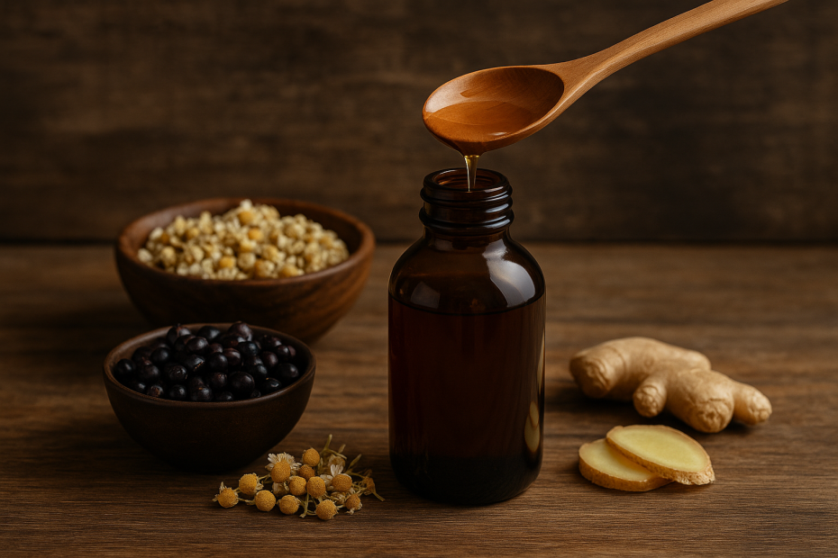Herbal syrup bottle with elderberries, chamomile, and ginger on a rustic table.