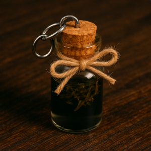 Tiny keychain cork bottle filled with herbs and Black Moon water as a truth jar charm.
