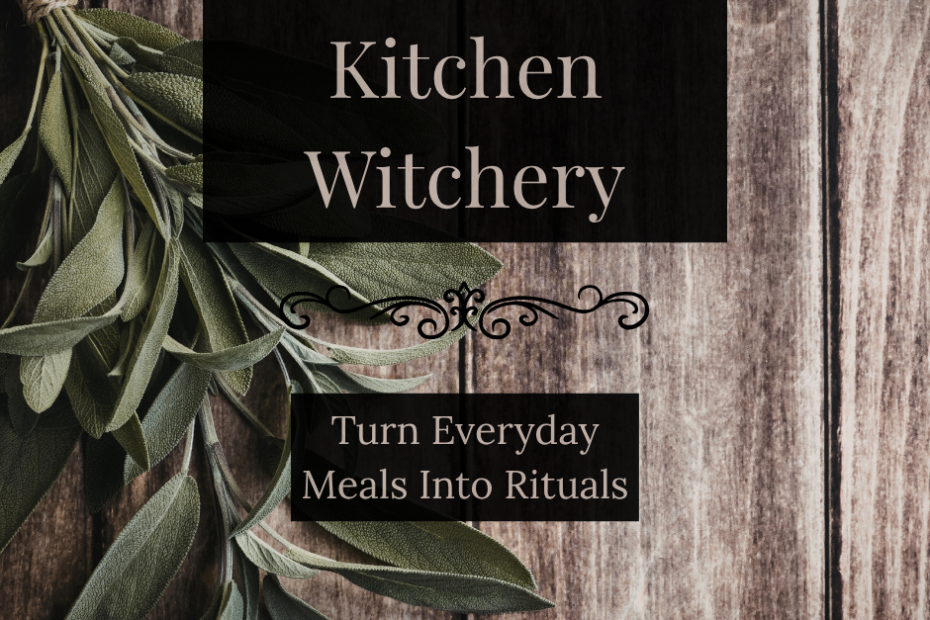 kitchen witchery herbs on rustic wooden table with sage bundle and simple meal ritual concept