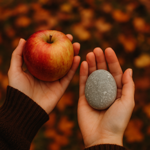 Mabon Preparations: Easy Crafts & Rituals for the Autumn Equinox 10 Hands holding an apple and a smooth stone against a background of autumn leaves.