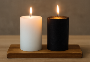 Mabon Preparations: Easy Crafts & Rituals for the Autumn Equinox 12 White and black candles burning side by side on a rustic autumn altar.