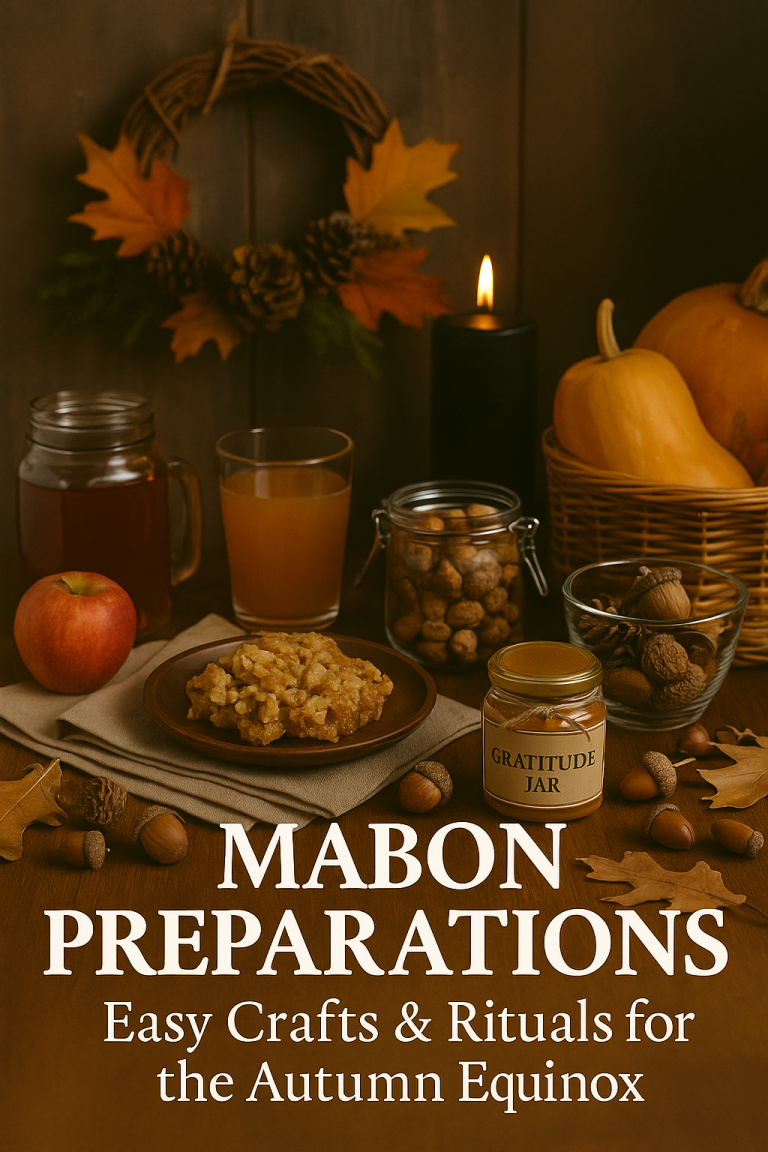 Autumn Equinox altar with apples, candles, pinecones, and seasonal herbs for Mabon celebration.