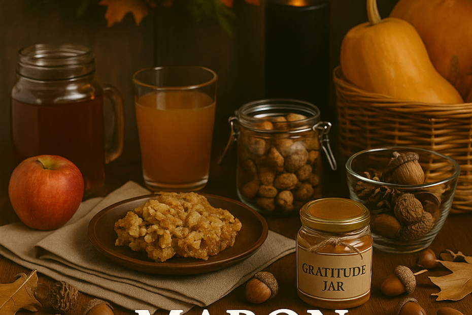 Autumn Equinox altar with apples, candles, pinecones, and seasonal herbs for Mabon celebration.